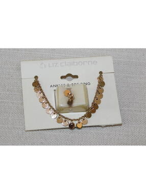 Vintage NEW Liz Claiborne Goldtone Anklet & Toe Ring Set Disc Charm Adjustable